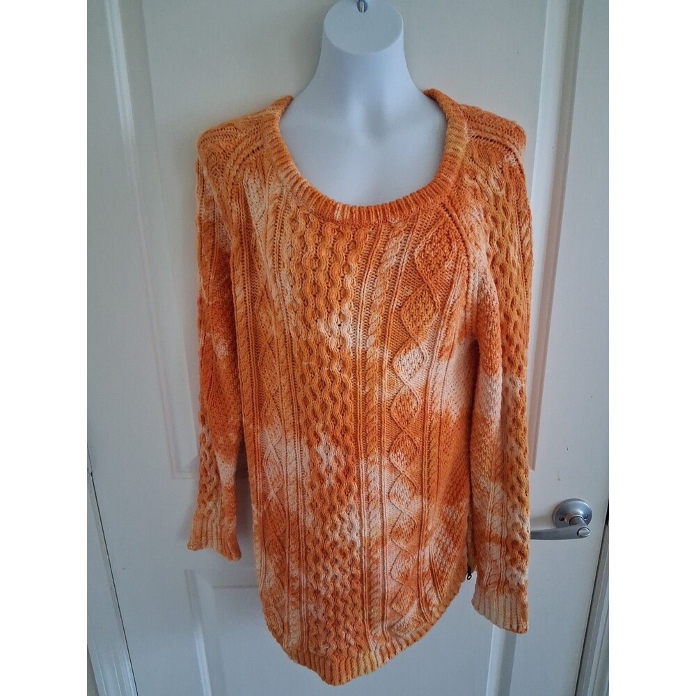L.L. Bean Signature Women’s Cotton Fisherman Tunic Sweater M Orange Cable Knit